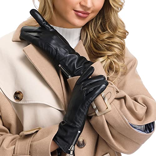 Acdyion Damen Touchsreen Lederhandschuhe Winter Echtleder Warme Kaschmirfutter Kaschmir Reißverschluss Elegant Lederhandschuhe winddicht wasserdicht tägliche Freizeit Outdoor (Schwarz, L) von Acdyion