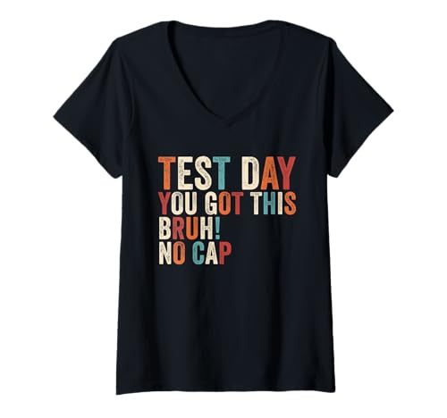 Damen Testtag Du hast diesen Bruh No Cap Retro-Lehrer-Testtag bekommen T-Shirt mit V-Ausschnitt Damen Testtag Du hast diesen Bruh No Cap Retro-Lehrer-Testtag bekommen T-Shirt mit V-Ausschnitt von Ace The Test Co.