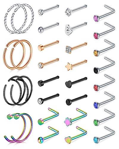 AceFun 0.8mm Nasenpiercing Stecker 20G Set Nostril Piercing Chirurgischer Stahl 7mm L Förmig Stecker Spirale Stecker Zirkonia Nasen Piercing Schmuck für Frauen Männer von AceFun