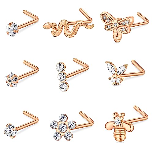AceFun 1.0mm Nasenpiercing Stecker 18G Set Nostril Piercing Chirurgischer Stahl 7mm L Förmig Stecker Spirale Stecker Zirkonia Nasen Piercing Schmuck für Frauen Männer von AceFun