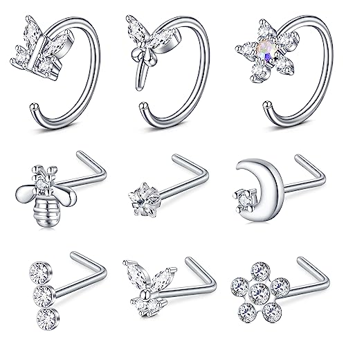 AceFun 1.0mm Nasenpiercing Stecker 18G Set Nostril Piercing Chirurgischer Stahl 7mm L Förmig Stecker Spirale Stecker Zirkonia Nasen Piercing Schmuck für Frauen Männer von AceFun