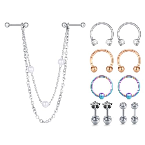 AceFun 11 Stück Knorpel Ohrstecker Chirurgenstahl Helix Piercing Labret Flache Kugel Zurück Daith Ohrringe Doppelknorpel Ohrringe mit Kette Dangle für Damen Herren von AceFun