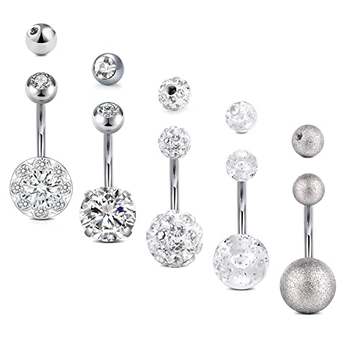 AceFun 14G Edelstahl bauchnabelpiercing Silber Bauchnabelringe 5 Stück für Frauen Mädchen Nabel Langhantel Stud CZ Piercing Ringe von AceFun