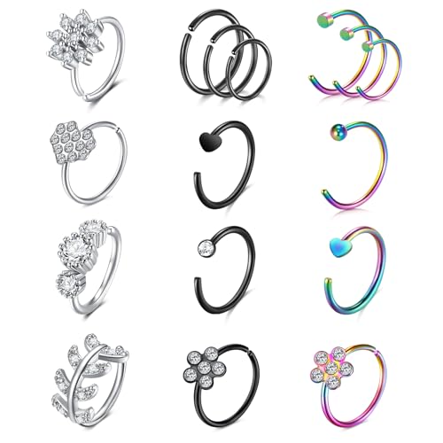 AceFun 16 Stück 20G Nasenring Nasenpiercing Chirurgenstahl Brillant Nasenstecker Nase Hoop Ring Klare Nase Retainers Knorpel Helix Ohrring Hoop Septum Piercing für Frauen Männer von AceFun