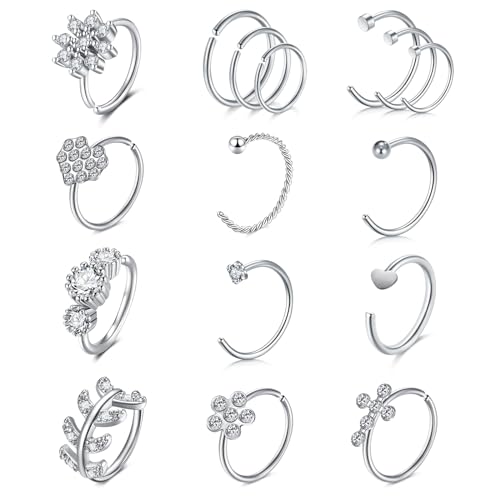 AceFun 16 Stück 20G Nasenring Nasenpiercing Chirurgenstahl Silber Brillant Nasenstecker Nase Hoop Ring Klare Nase Retainers Knorpel Helix Ohrring Hoop Septum Piercing für Frauen Männer von AceFun