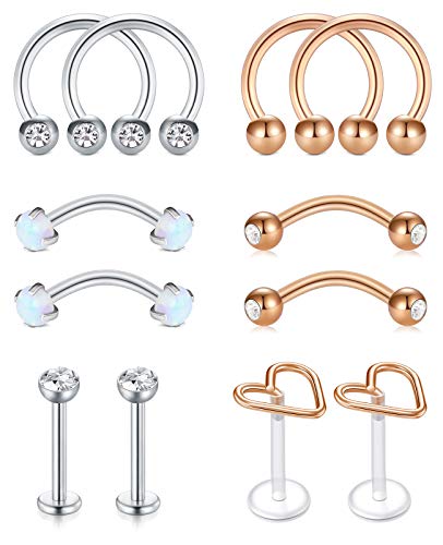 AceFun 16G Augenbrauenpiercing Rook Piercing Silber Roségold 10mm Chirurgische Stahl 12St Rook Cartilage Conch Daith Knorpelpiercing Bauchpiercing Banane Piercing Schmuck Für Frauen Männer von AceFun