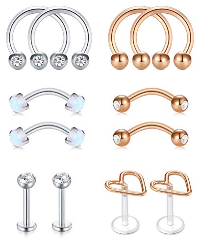 AceFun 16G Augenbrauenpiercing Rook Piercing Silber Roségold 8mm Chirurgische Stahl 12St Rook Cartilage Conch Daith Knorpelpiercing Bauchpiercing Banane Piercing Schmuck Für Frauen Männer von AceFun