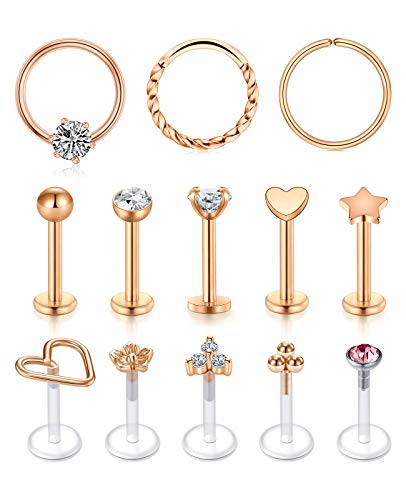AceFun 16G Cartilage Ohrringe Tragus Helix Piercing Lippenringe labret Studs Chirurgischer Stahl und klares Acryl Nasenstecker Roségold Piercing schmuck für Frauen Männer von AceFun