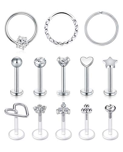 AceFun 16G Cartilage Ohrringe Tragus Helix Piercing Lippenringe labret Studs Chirurgischer Stahl und klares Acryl Nasenstecker Silber Piercing schmuck für Frauen Männer von AceFun