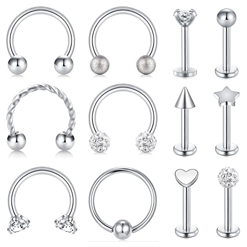 AceFun 16G Lippenpiercing Bar Silber Septum Piercing Ring Piercing Knorpel Helix Tragus Ring Hoop Ohrstecker Lippenringe Labret Ohrstecker Hufeisen Augenbrauen Lippenringe Piercing für Frauen Männer von AceFun