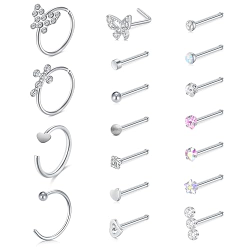 AceFun 18 Stück 20G Silber Nasenring Nasenpiercing Chirurgenstahl Brillant Nasenstecker Nase Hoop Ring Klare Nase Retainers für Frauen Männer von AceFun