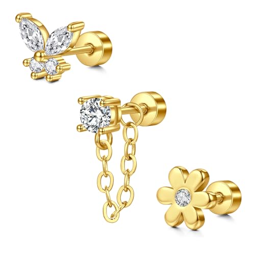 AceFun 3 Stück 20G Helix Piercings für Damen Chirurgenstahl Ohrringe Piercing Schmetterling Blume Schlange Ohr Piercing Ohrringe Ohrstecker Knorpel Ohrringe Set Helix Tragus Piercing Ohr Schmuck von AceFun