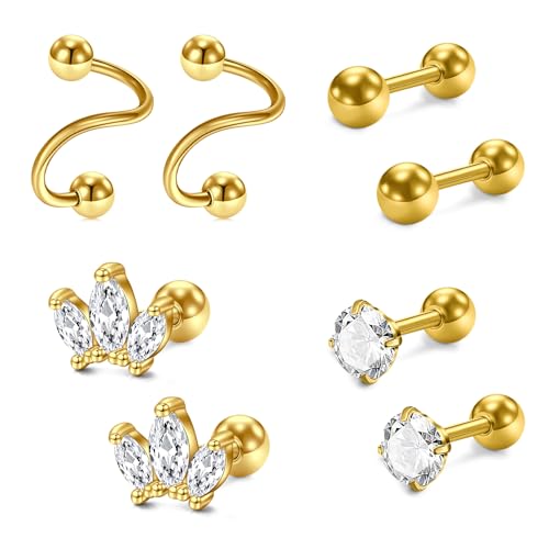 AceFun 4 Paare Goldene Knorpel Ohrstecker Chirurgenstahl Helix Piercing Labret Flache Kugel Zurück Daith Ohrringe für Damen Herren von AceFun