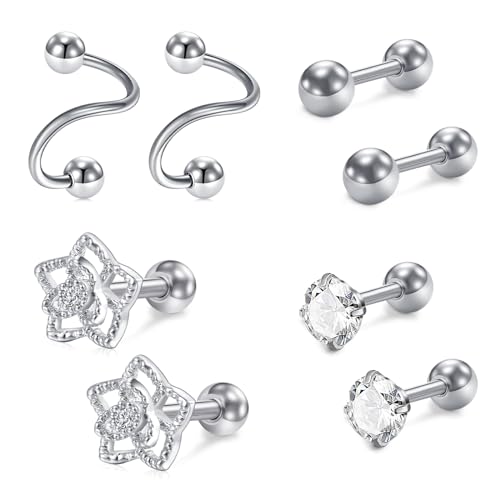 AceFun 4 Paare Silber Knorpel Ohrstecker Chirurgenstahl Helix Piercing Labret Flache Kugel Zurück Daith Ohrringe für Damen Herren von AceFun
