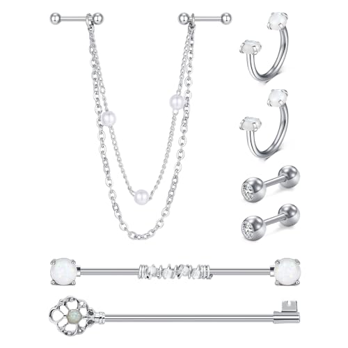 AceFun 7 Stück Knorpel Ohrstecker Chirurgenstahl Helix Piercing Industrial Piercing Industrial Ohrringe Doppelknorpel Ohrringe mit Kette Dangle für Damen Herren von AceFun