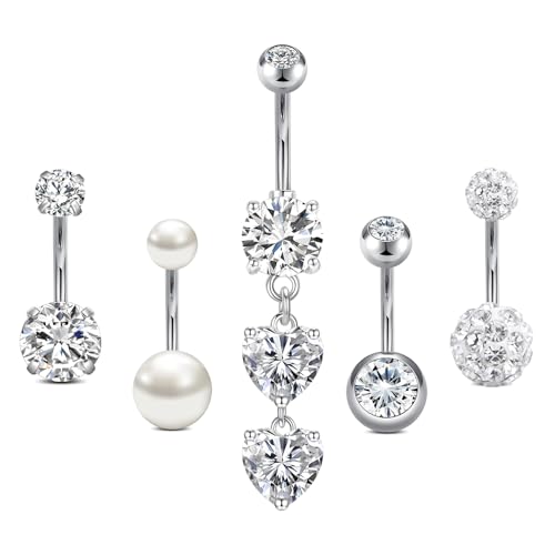 AceFun Bauchnabelpiercing, Silber Kurze Bauchnabelpiercing Chirurgenstahl Edelstahl 14G 10mm nabelpiercing für Frauen CZ Perle Bauch Ringe Herz bauchpiercing Piercing-Schmuck von AceFun