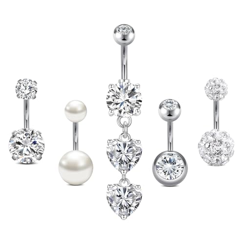 AceFun Bauchnabelpiercing,Kurze Bauchnabelpiercing Chirurgenstahl 8mm Edelstahl piercing bauchnabel 14G nabelpiercing für Frauen CZ Perle Bauch Ringe Herz bauchpiercing Piercing-Schmuck (Silber) von AceFun