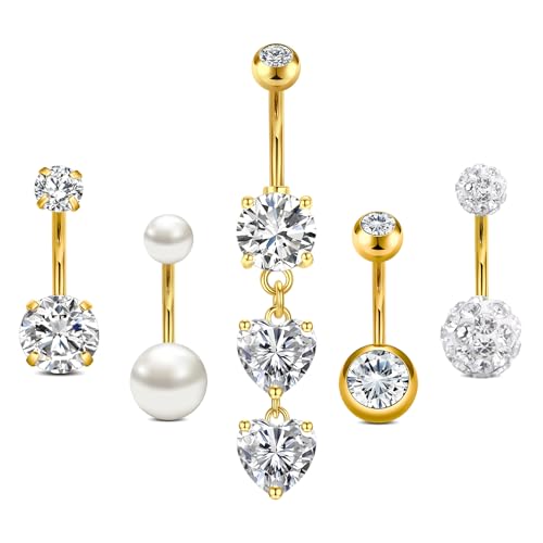 AceFun Bauchnabelpiercing,kurze Bauchnabelpiercing Chirurgenstahl Edelstahl piercing bauchnabel 14G 10mm nabelpiercing für Frauen CZ Perle Bauch Ringe Herz bauchpiercing Piercing (Gold) von AceFun