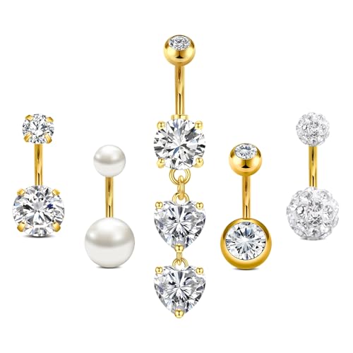 AceFun Bauchnabelpiercing,kurze Bauchnabelpiercing Chirurgenstahl Edelstahl piercing bauchnabel 14G 8mm nabelpiercing für Frauen CZ Perle Bauch Ringe Herz bauchpiercing Piercing(Gold) von AceFun