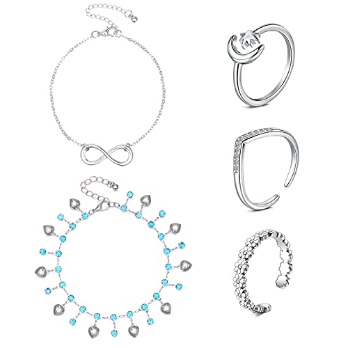 AceFun Fußkettchen und Zehenring-Set für Frauen Silber Strandkette geschichtet Fußkettchen offen verstellbare Zehenringe Sommer Strand Fußschmuck-Set Blau Rosa von AceFun