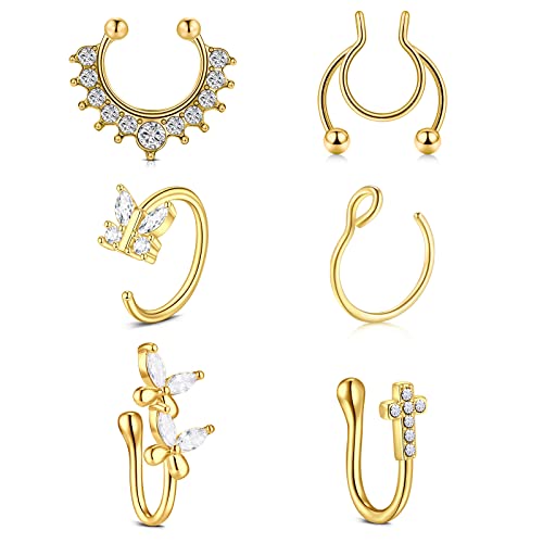 AceFun Gefälschte Piercing Septum Ringe Lippen Ohr Faux Nasenpiercing Schmetterling Kreuz Kubikzirkon Fake Septum Hoop für Männer Frauen 16G 1,2 MM 18G 1,0 MM 8 MM 14 MM Einstellbar Gold von AceFun