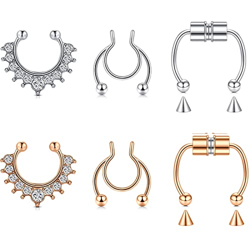 AceFun Gefälschte magnetische Nasenringe Edelstahl Fake Septum Nasenring Offene Nase Hoops Non Piercing Clip On Nasenschmuck für Damen Herren Silber Rose Gold 6 STK von AceFun