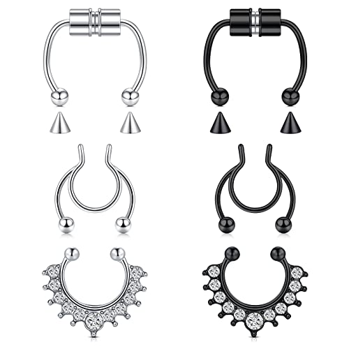 AceFun Gefälschte Nasenringe Edelstahl Fake Septum Nasenring Offene Nase Hoops Non Piercing Clip On Nasenschmuck für Damen Herren Silber Schwarz 6 STK von AceFun