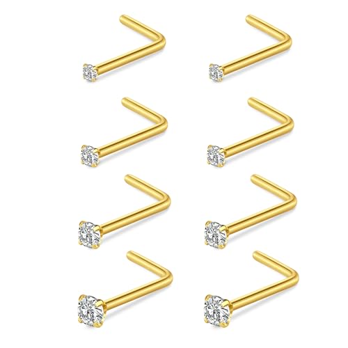AceFun Nasenpiercing,8 Stück 22G Nasenpiercing Gold Nasenstecker L-förmig nasenpiercing chirurgenstahl Diamant kleiner Nasenstecker für Frauen Männer Korkenzieher Nasenpiercing Bolzen Schraube von AceFun