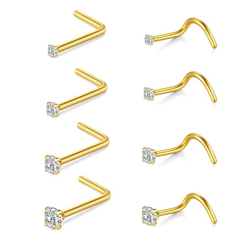 AceFun Nasenpiercing,8Stück 22G Nasenpiercing Gold Bolzen Nasenstecker L-förmig nasenpiercing chirurgenstahl Diamant kleiner Nasenstecker für Frauen Männer Korkenzieher Nasenpiercing Schraube von AceFun