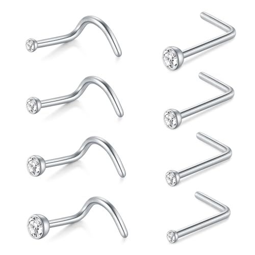 AceFun Nasenpiercing,8Stück 22G Nasenpiercing Stecker Bolzen Nasenstecker L-förmig Edelstahl Diamant kleine Nasenstecker für Frauen Männer KorkenzieherNasenpiercing Bolzen Schraube klar CZ Silber von AceFun