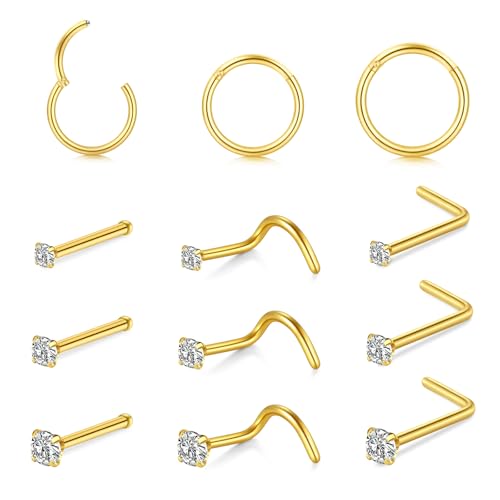 AceFun Nasenpiercing Gold 20G nasenpiercing gold ring chirurgenstahl Nasenringe Hoop für Frauen Männer gepflastert CZ 2MM 2.5MM 3MM Nasenpiercing Schmuck L-förmige Schraube Nasenring Stud Set von AceFun