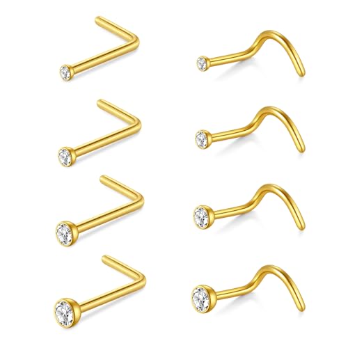 AceFun Nasenpiercing gold,8Stück 20G Gold Nasenringe Bolzen Nasenstecker L-förmig Edelstahl Diamant kleine für Frauen Männer Korkenzieher Nasenringe Nasenpiercing Bolzen Schraube klar CZ von AceFun