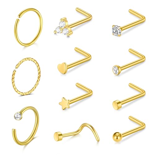 AceFun Nasenpiercing gold,Nasenstecker Ring Gold nasenpiercing chirurgenstahl Edelstahl Nasenringe Set für Frauen Männer gekrümmte L-förmige kleine Nase Bolzen und 2 Strass Nasenpiercing Schmuck von AceFun