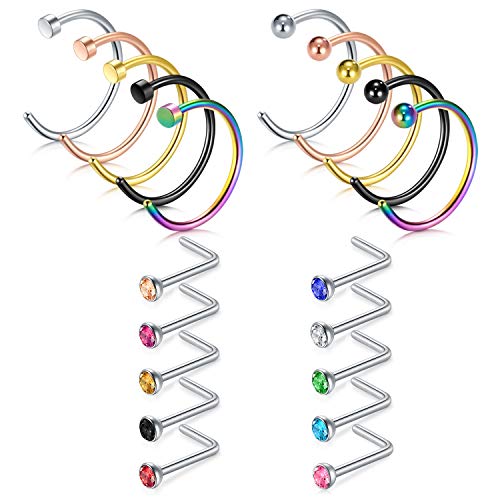 AceFun Nasenring nasenpiercing Chirurgenstahl für Frauen Männer Mix Color Diamond CZ nasenstecker L-förmige Nasenschrauben 22 Gauge Körperschmuck Piercing 20St von AceFun