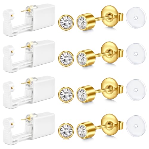 AceFun Ohrloch stecher Gold,Einweg Piercing Set für Frauen Männer schmerzfrei einfach verwenden kleines integriertes 4mm CZ Ohrlochstech Pistole mit 4 Stück UV Schutzpolster für Ohrlochstechen von AceFun