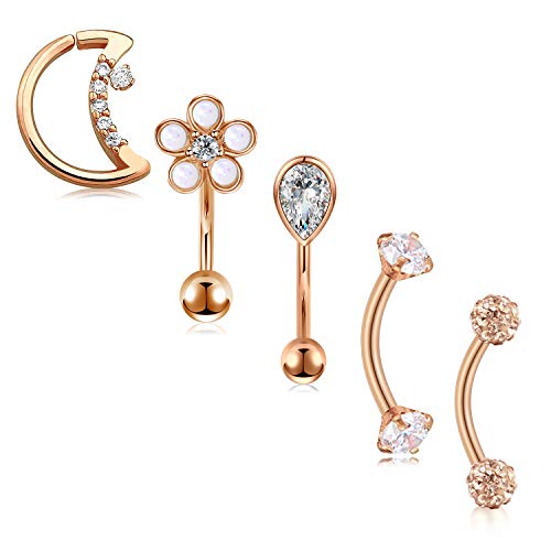 AceFun Rook Piercing 5Stk Curved Barbell Piering Augenbrauen Bauchnabel Nieten Zirkonia Daith Tragus Piercing Schmuck für Damen, 16 Gauge 8mm 6mm Rosegold von AceFun