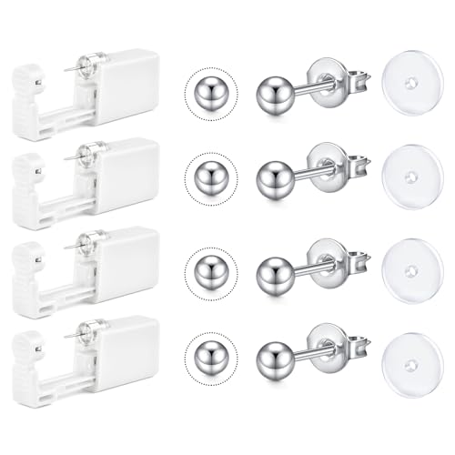 AceFun Silber Ohrlochstech Set,Einweg Ohrlochstech Pistolen Set mit 4 Stück UV Pad Ball Design Selbststechpistole und integriertem Ohrstecker 3mm für Frauen und Männer zum Ohrlochstechen von AceFun