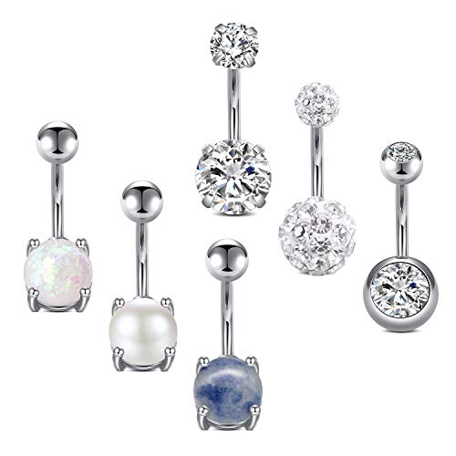 AceFun bauchnabelpiercing nabelpiercing Silber Chirurgischer Edelstahl 14g Bauchringe Opal CZ Nabel Piercing Schmuck 6 Stück für Frauen Mädchen Silber Roségold von AceFun