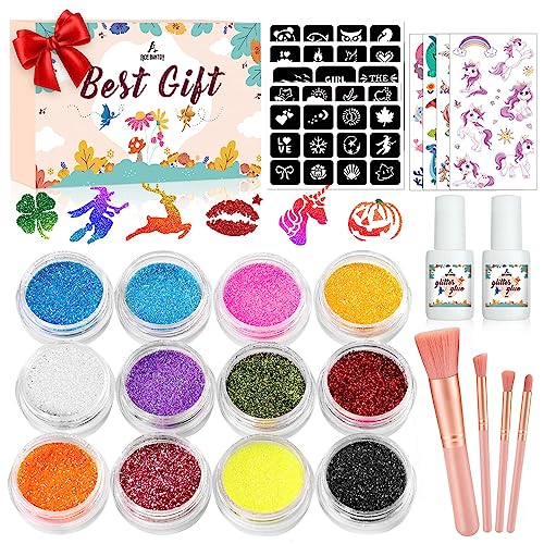 Acebwhtoy Glitzer Tattoo Set Kinder,12 Farben Hautfreundlich Glitzertattoos,22 Stück Temporäre Tattoo Schablonen mit 256 Muster Stencils für Mädchen Jungs,Geschenk für Karnevalsschminke Fasching von Acebwhtoy