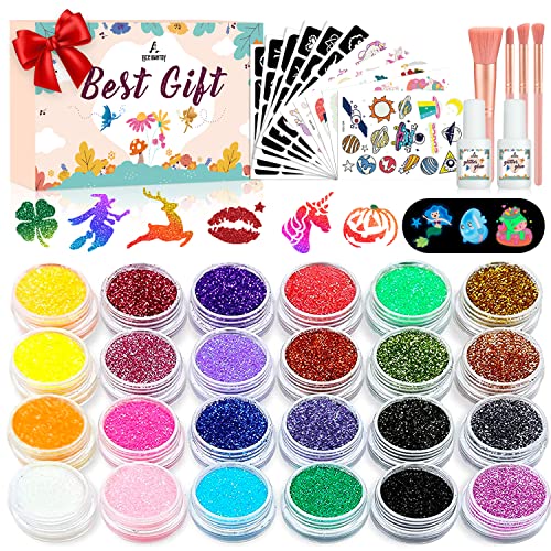 Acebwhtoy Glitzertattoos Kinder Set, 24 Farben Glitzer Tattoo Set Kinder, 18 Stück Temporäre Tattoo Schablonen mit 224+ Muster Stencils für Mädchen Jungs,Geschenk für Geburtstagsparty von Acebwhtoy