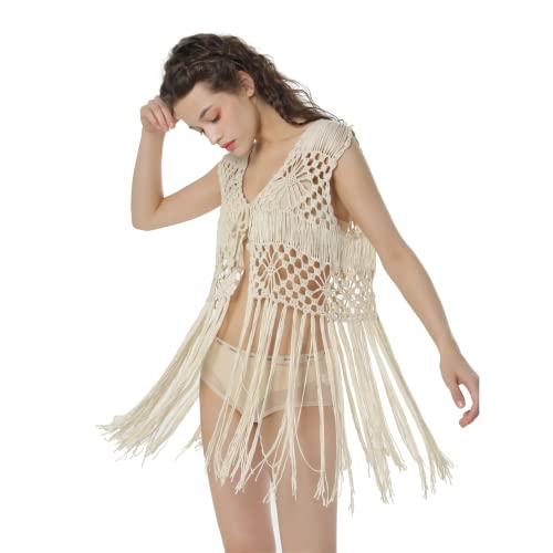 Acemi Ärmellose Häkelweste mit langen Quasten, Fransenweste, 70er-Jahre, Hippie-Kleidung für Damen, Einheitsgröße, Aprikose (Übergröße), Einheitsgröße von Acemi