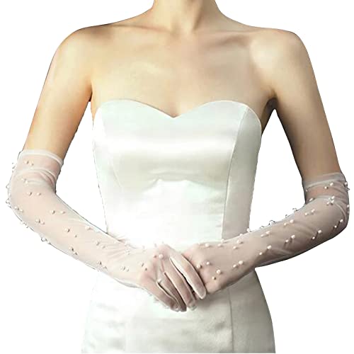 Acenail Pearl Damen Hochzeit Handschuhe Lange Tüll Braut Handschuhe Weiß Finger 20er Jahre Oper Abend Party Sheer Handschuhe für Bräute, Weiss/opulenter Garten, Einheitsgröße von Acenail