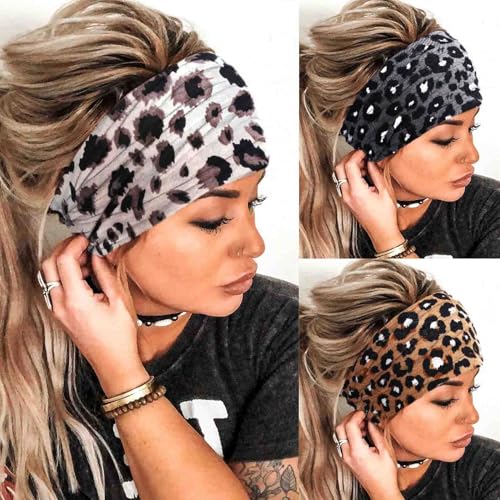 Aceorna Boho Stirnbänder Breiter Knoten Haarband Elastisches Turban Stirnband Stretch Leopard Twist Head Wraps Tuch Yoga Sweartband Mode Haarschmuck für Frauen und Mädchen 3 Stück (Set M) von Aceorna