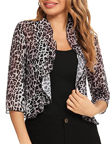 Damen 3/4 Ärmel Cropped Bolero Shrug Open Front Cardigan (Blau, Leopard, Mittel von Aceshion