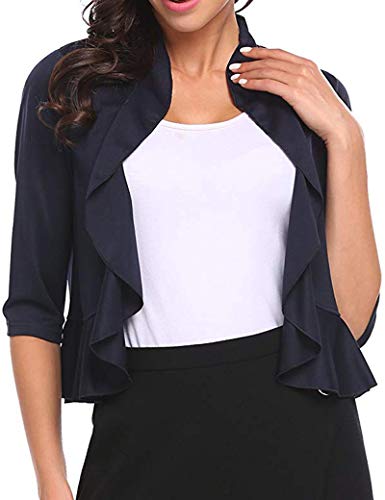 Damen 3/4 Ärmel Cropped Bolero Shrug Open Front Cardigan (Blau - Blau - Groß von Aceshion