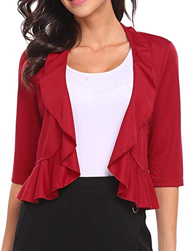 Damen Bolero 3/4 Ärmel Cropped Bolero Shrug Open Front Cardigan (Blau, XX-Large) - Rot - Mittel von Aceshion