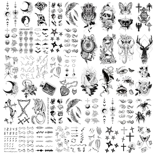Acevegue 112 Blätter Temporäre Tattoos Set, Klebetattoos Erwachsene Frauen Männer, 3D Realistische Wasserdicht Hals Arm Fake Tattoos zum Aufkleben Auf Die Haut Karneval von Acevegue