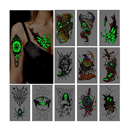 Acevegue 12 Blätter Halloween Temporäre Tattoos, Fake Tattoos Zum Aufkleben Glitzer Festival Tattoos, Halloween Party Dekoration Festival Accessoires von Acevegue