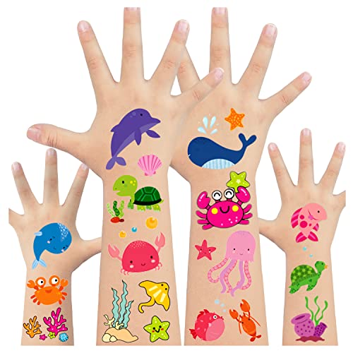 Acevegue 20 Blatt Meerestier Kinder Tattoos, Temporäres Tattoo Set mit Wasserlebewesen, Wasserdichte Fake Tattoos für Jungen Mädchen Geburtstagsparty Deko Spielzeug Aufkleber Geburtstagsgeschenke von Acevegue