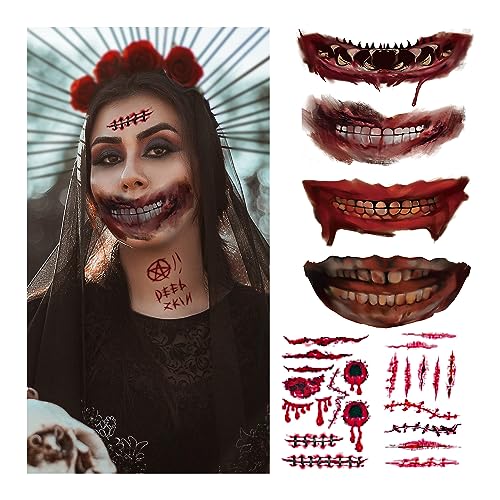 Acevegue 55 Blätter Gruselig Halloween Temporäre Tattoos Set, Narben Kratzer Wunden Halloween Blut Mund Gesichtstattoo, Halloween Party Deko Makeup Horror Schminke von Acevegue